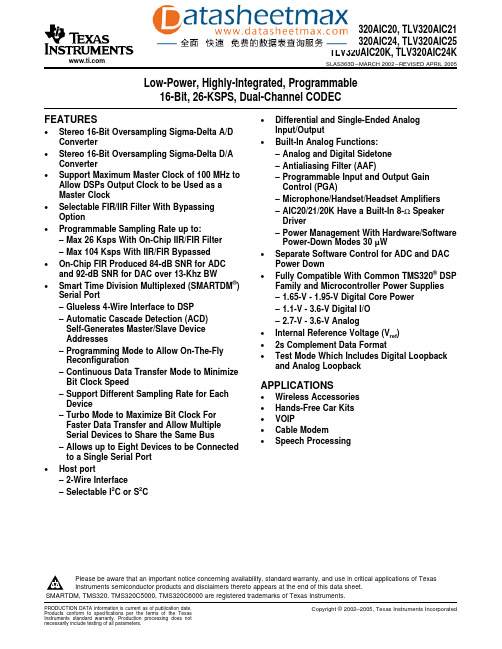 IC datasheet pdf-TLV320AIC20, TLV320AIC21,TLV320AIC24, TLV320AIC25,TLV320AIC20K,TLV320AIC24K,pdf(Low