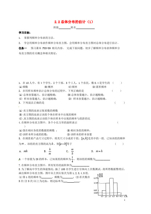 江苏省宿迁市泗洪中学高中数学2.2总体分布的估计(1)导学案(无答案)苏教版必修3