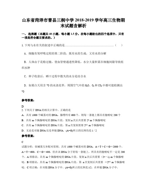 山东省菏泽市曹县三桐中学2018-2019学年高三生物期末试题含解析