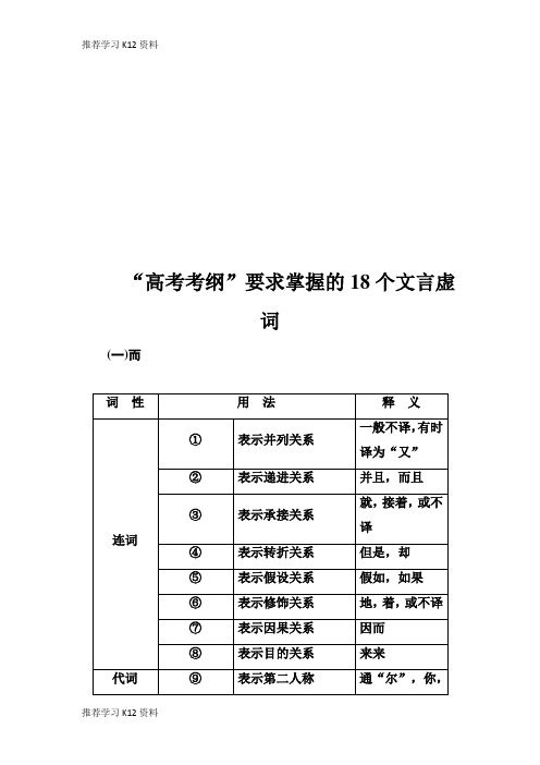 推荐学习K122019版高考总复习语文文档：第二部分 专题一 文言文阅读 知识清单“高考考纲”要求掌