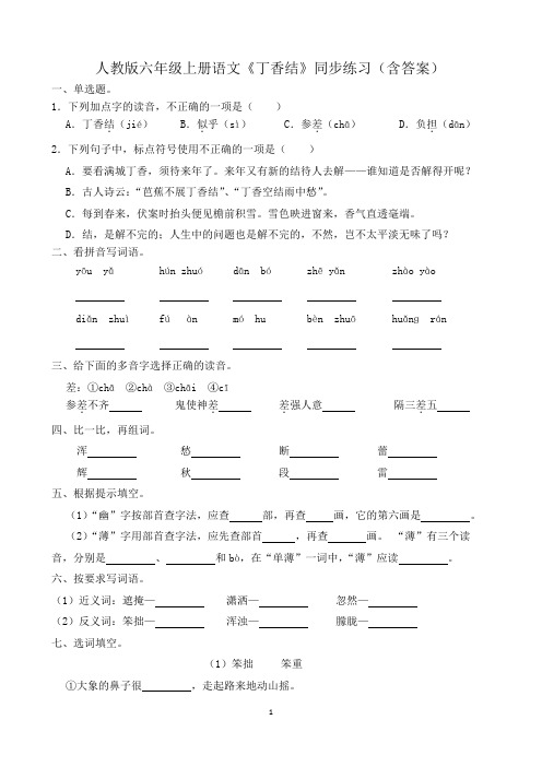 人教版六年级上册语文《丁香结》同步练习(含答案)