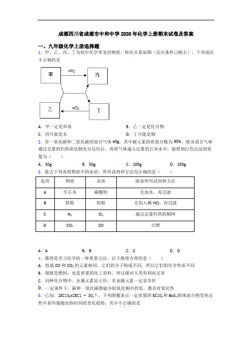 成都四川省成都市中和中学2020年化学初三化学上册期末试卷及答案