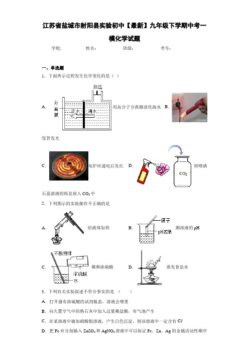 江苏省盐城市射阳县实验初中【最新】九年级下学期中考一模化学试题