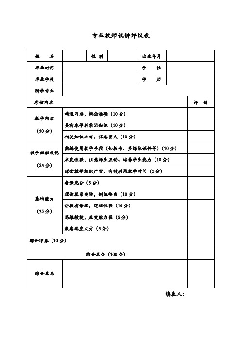 专业教师试讲评议表