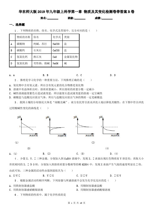 华东师大版2019年九年级上科学第一章 物质及其变化检测卷带答案B卷