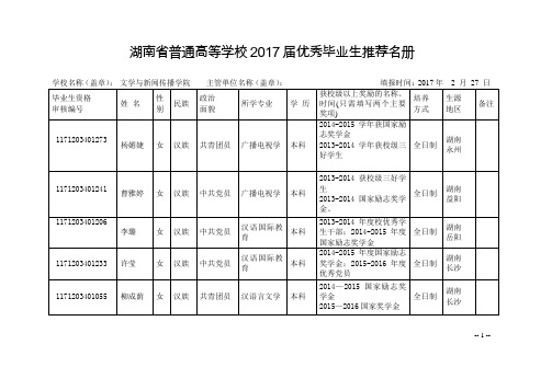 湖南普通高等学校2017届优秀毕业生推荐名册