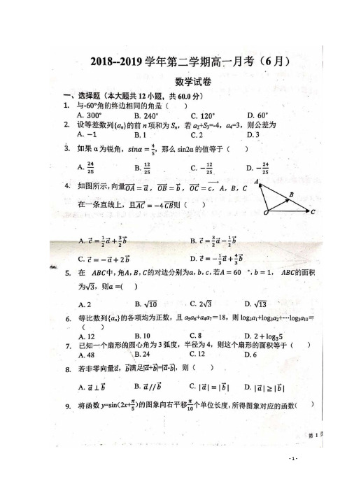 河北省曲周县第一中学2018_2019学年高一数学6月月考试题(扫描版)
