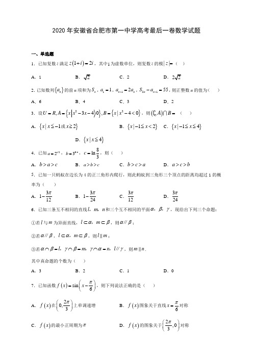 2020年安徽省合肥市第一中学高考最后一卷数学试题(附答案解析)