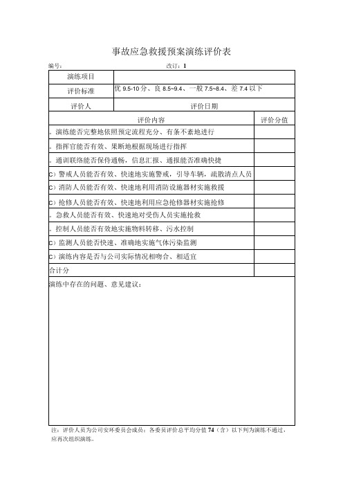 事故应急救援预案演练评价表