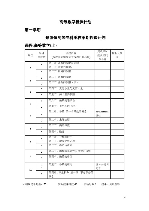 高等数学授课计划