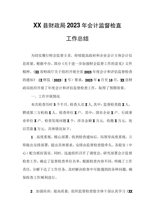 XX县财政局2023年会计监督检查工作总结