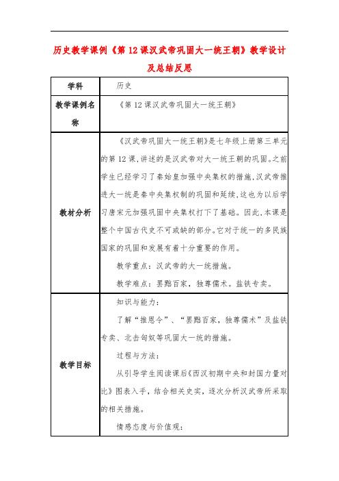 高中历史教学课例《第12课汉武帝巩固大一统王朝》课程思政核心素养教学设计及总结反思