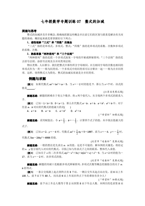 七年级数学专题训练07 整式的加减(附答案)