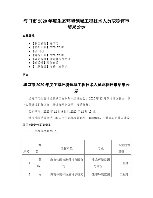 海口市2020年度生态环境领域工程技术人员职称评审结果公示