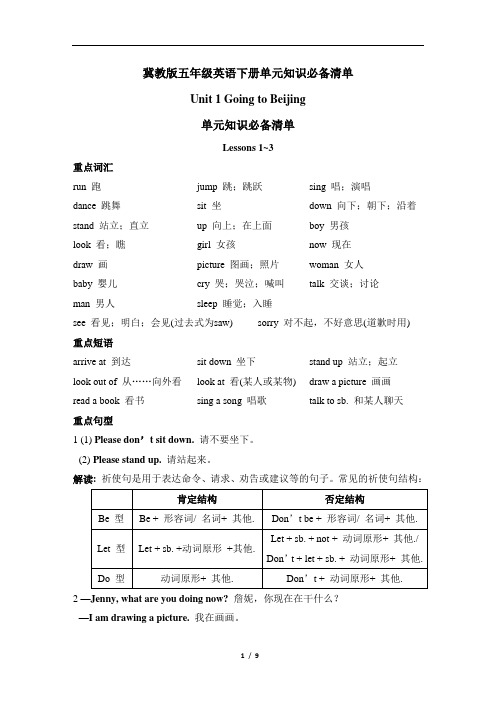 冀教版五年级英语下册单元知识必备清单