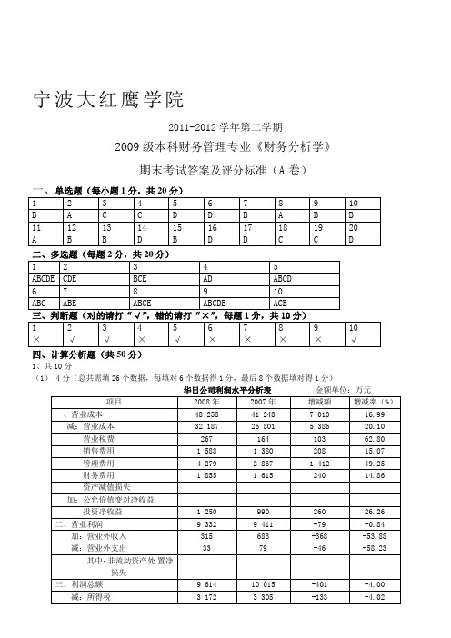 财务分析期末试卷A答案