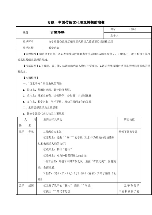 人民版高中历史必修三 第一单元第1课 百家争鸣 学案