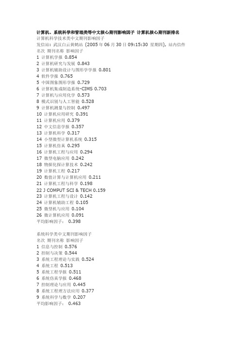 计算机、系统科学和管理类等中文核心期刊影响因子 计算机核心期刊新排名