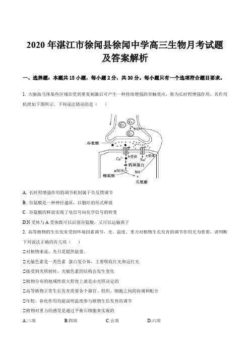 2020年湛江市徐闻县徐闻中学高三生物月考试题及答案解析