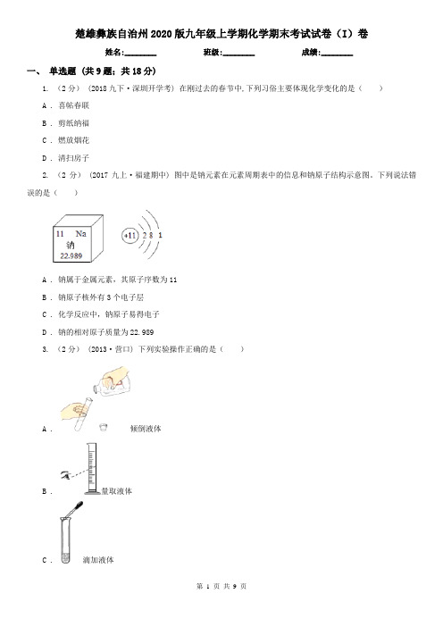 楚雄彝族自治州2020版九年级上学期化学期末考试试卷(I)卷(模拟)