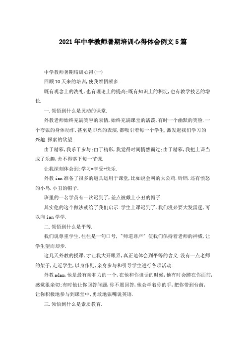 2021年中学教师暑期培训心得体会例文5篇