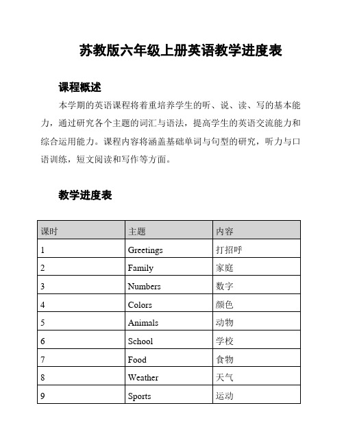 苏教版六年级上册英语教学进度表