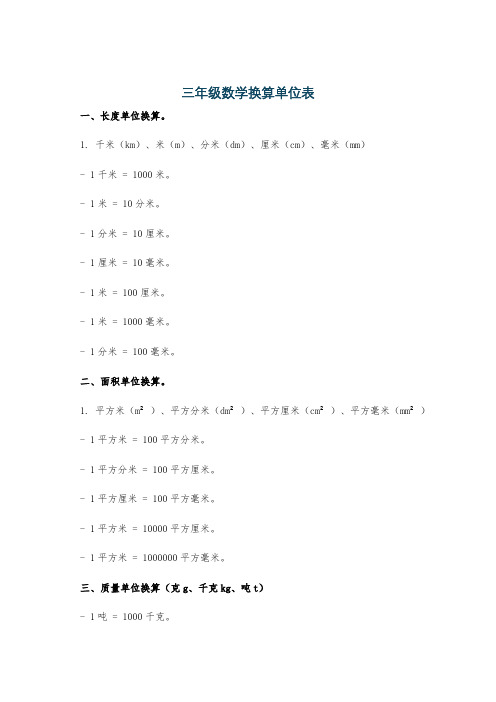 三年级数学换算单位表