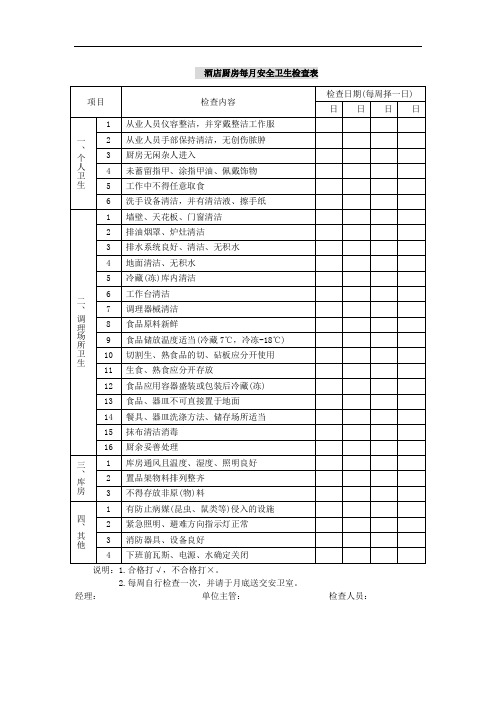 酒店厨房每月安全卫生检查表