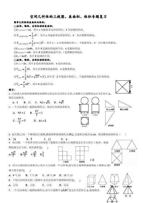 空间几何体的三视图、表面积、体积专题复习