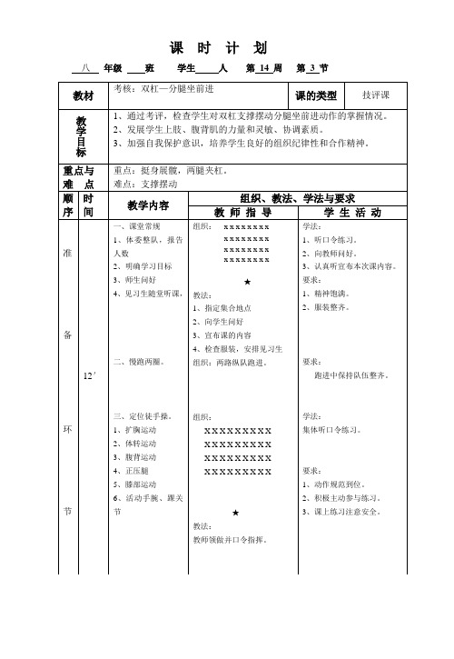 体育教案-八下-14.3考核：双杠—分腿坐前进-王永强