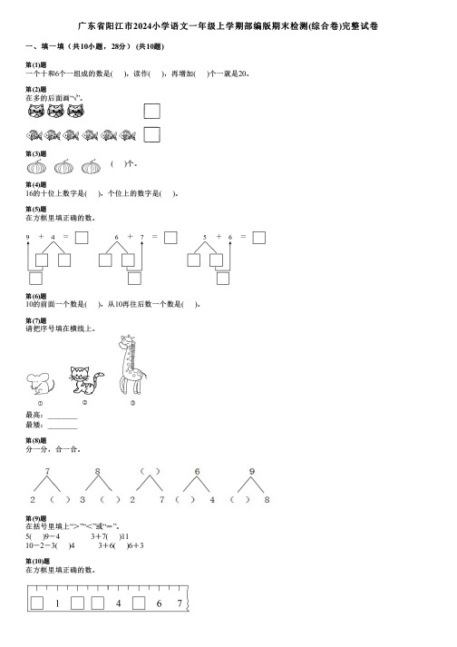 广东省阳江市2024小学数学一年级上学期部编版期末检测(综合卷)完整试卷