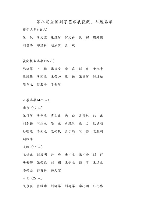 第八届全国刻字艺术展获奖、入展名单