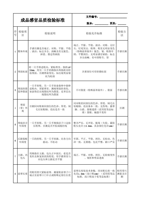 XX鞋业成品感官品质检验标准