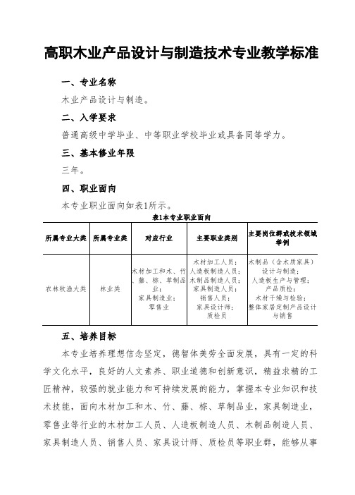 高职木业产品设计与制造专业教学标准