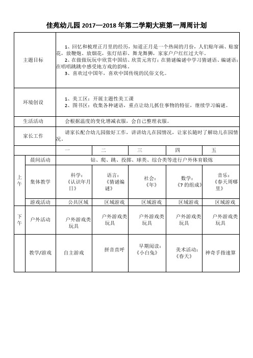 佳苑幼儿园2017-2018第二学期大班周工作计划