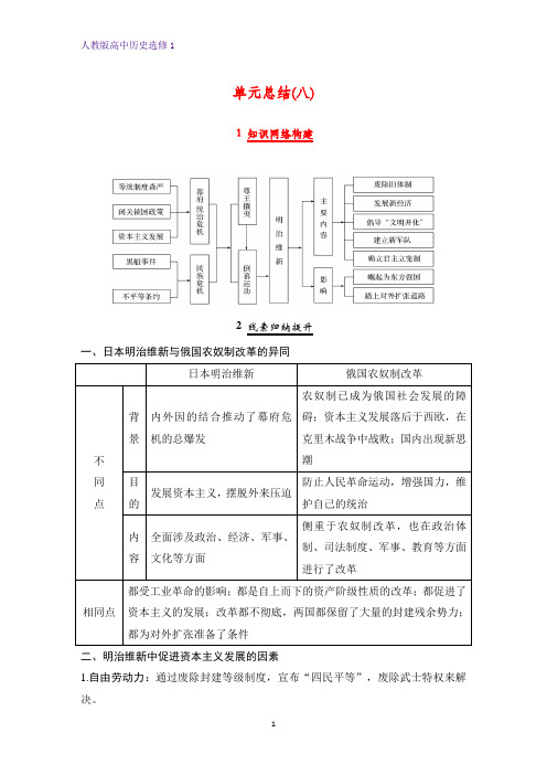 高中历史选修1优质学案：单元总结：第八单元 日本明治维新