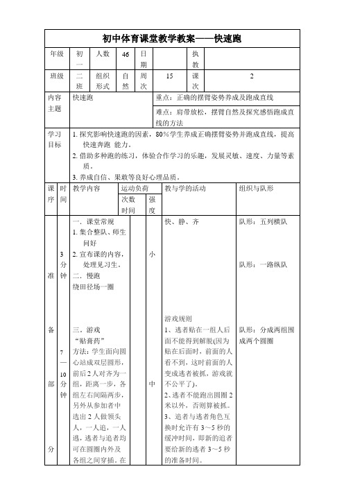 初中体育课堂教学教案——快速跑