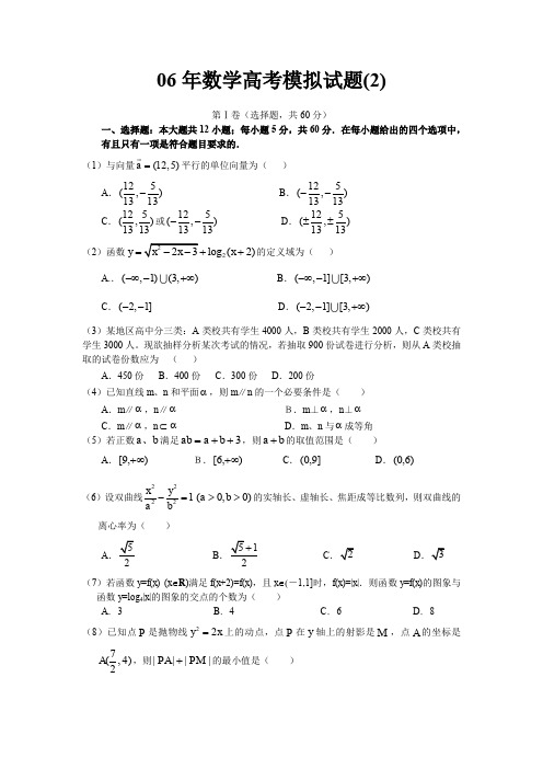 06年数学高考模拟试题(2).doc