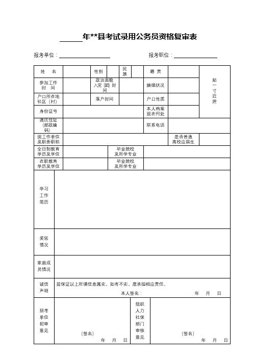 年XX县考试录用公务员资格复审表【模板】