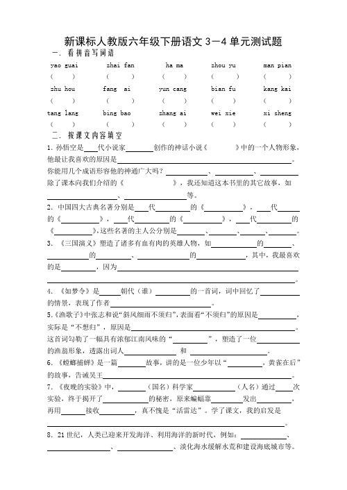 新课标人教版六年级下册语文3-4单元测试题