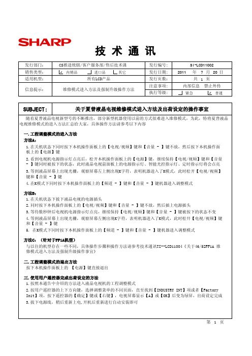 关于夏普液晶电视维修模式进入方法及出荷设定的操作事宜