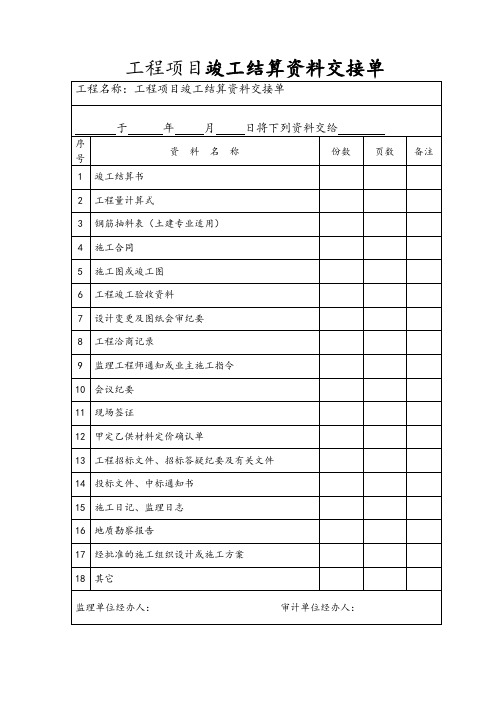 工程项目竣工结算资料交接单