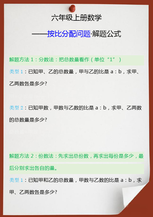 六年级上册数学按比分配问题解题公式