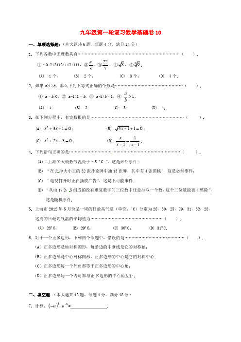 上海市崇明区2019届中考数学第一轮复习基础卷10(无答案)