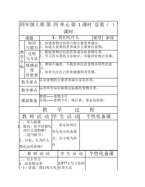 苏教版小学科学 四年级上册 第四单元表格式备课