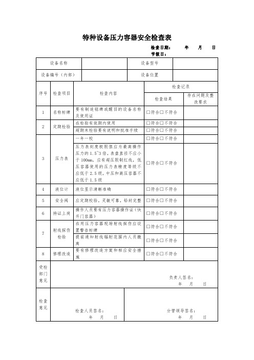 特种设备压力容器安全检查表