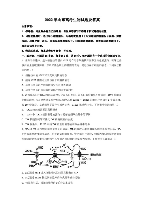 2022年山东高考生物试题及答案