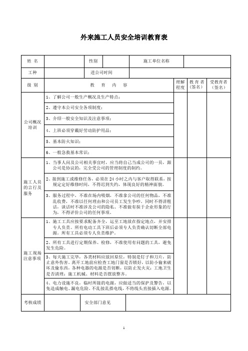 外来施工人员安全培训教育表