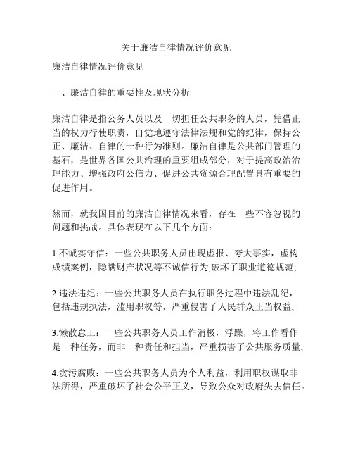 关于廉洁自律情况评价意见