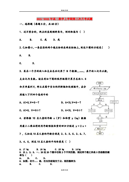 2021-2022年高二数学上学期第三次月考试题